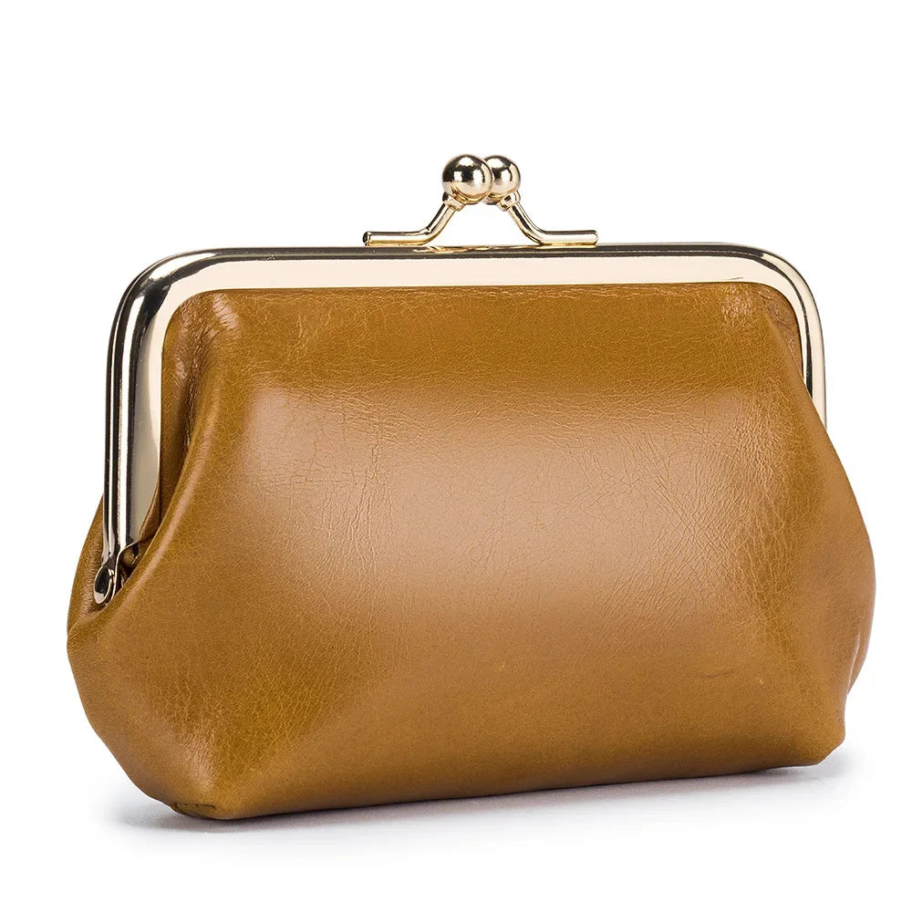 Genuine Wallet Women's Multi-card Slot Card Holder Women Oil Wax Leather Brand Metal Frame Mini Coin Purse with Key Ring