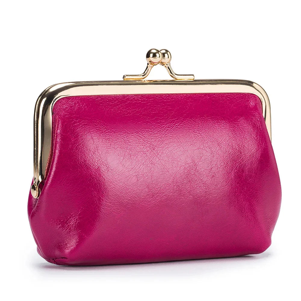 Genuine Wallet Women's Multi-card Slot Card Holder Women Oil Wax Leather Brand Metal Frame Mini Coin Purse with Key Ring