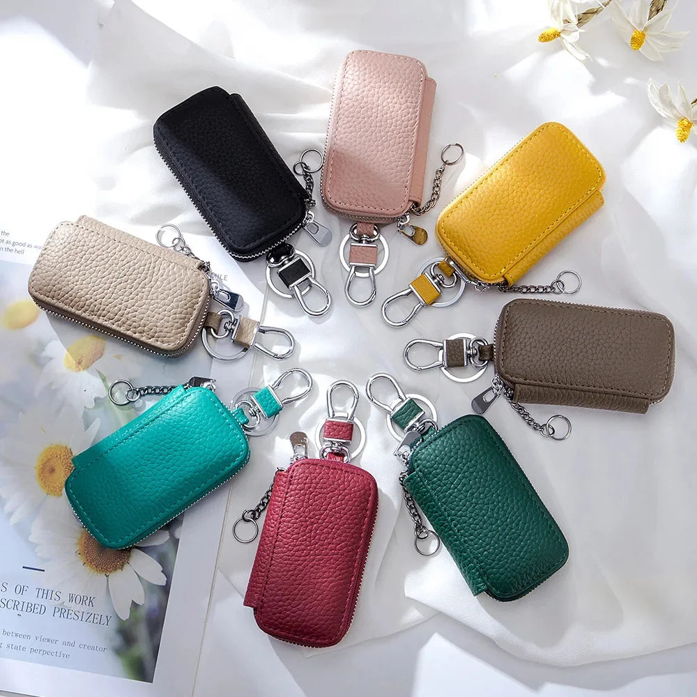 Genuine Women's Car Case Fashion Lichee Pattern Leather Luxury Brand Design Men's Zipper Key Holder Bag 2024 New Hot