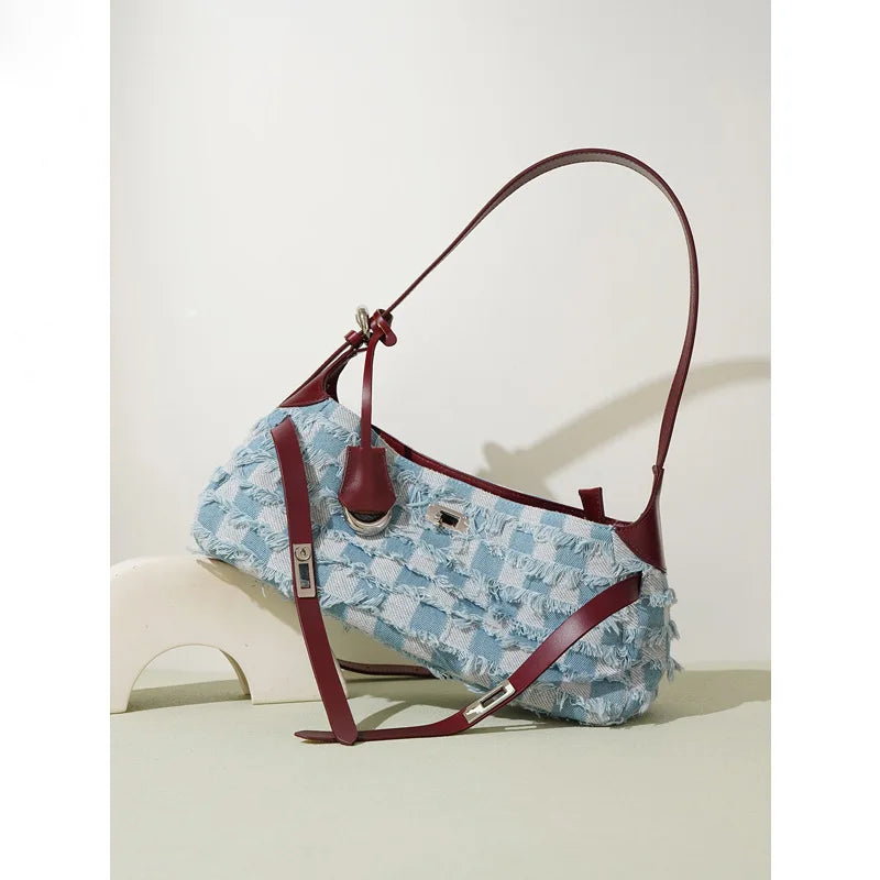 Genuine leather denim 2024 new high-end single shoulder bag, fashionable commuting tote bag
