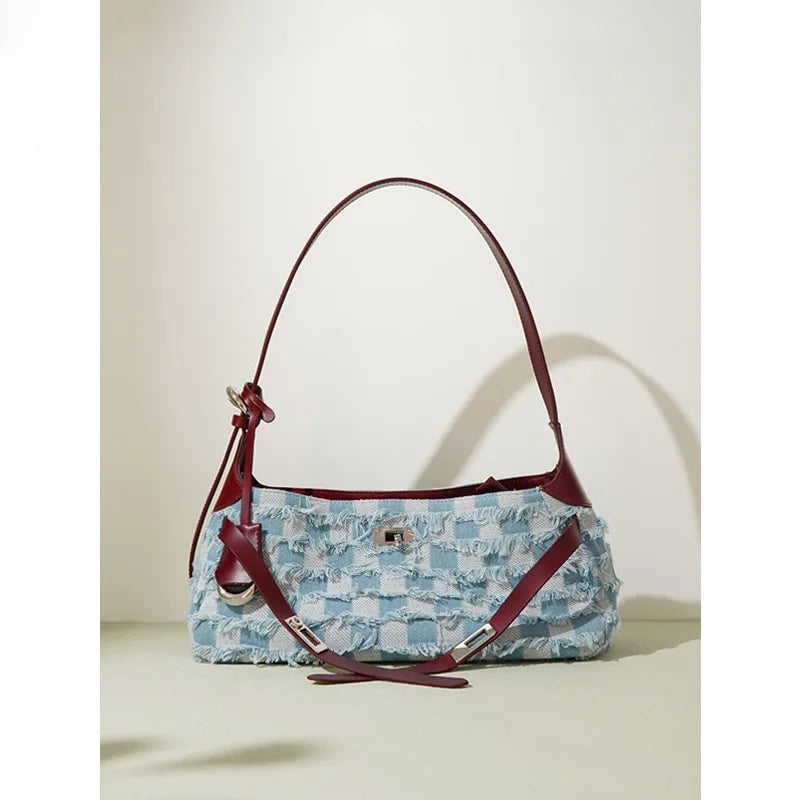 Genuine leather denim 2024 new high-end single shoulder bag, fashionable commuting tote bag