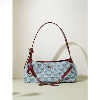 Genuine leather denim 2024 new high-end single shoulder bag, fashionable commuting tote bag