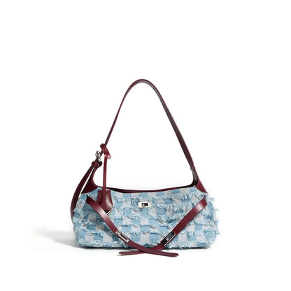 Genuine leather denim 2024 new high-end single shoulder bag, fashionable commuting tote bag
