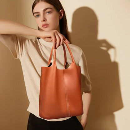 Genuine leather large capacity tote bag, simple and luxurious, versatile women's soft leather tote shoulder handbag