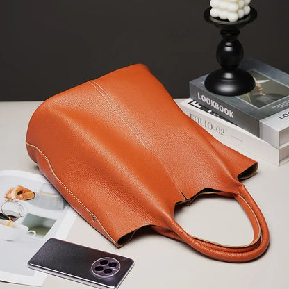 Genuine leather large capacity tote bag, simple and luxurious, versatile women's soft leather tote shoulder handbag