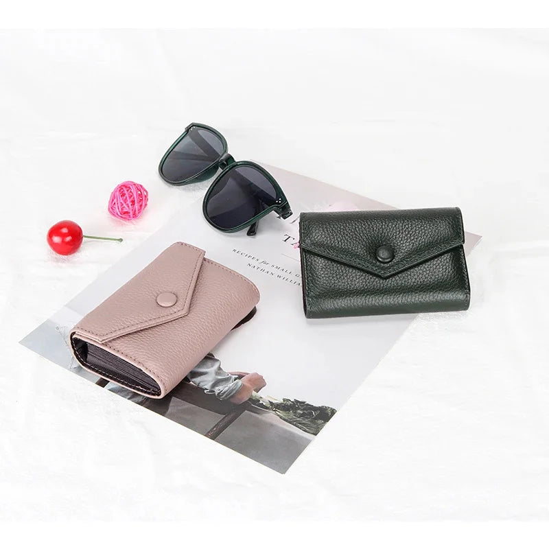 Genuine leather men and women card holder small zipper wallet solid accordion multi-card slot coin purse document bag