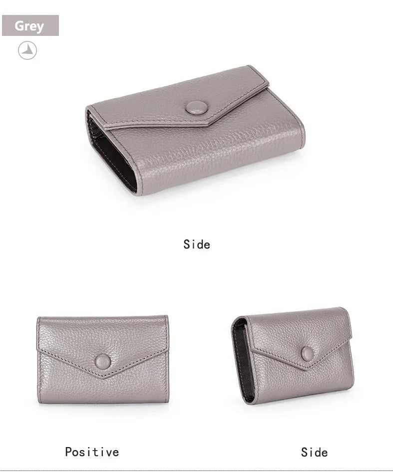Genuine leather men and women card holder small zipper wallet solid accordion multi-card slot coin purse document bag