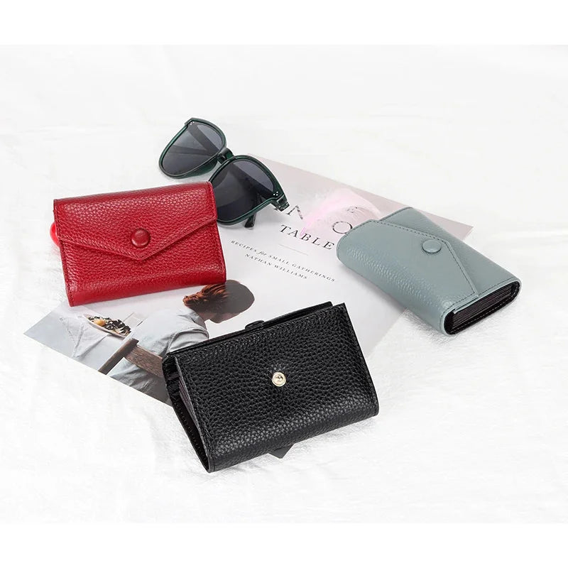 Genuine leather men and women card holder small zipper wallet solid accordion multi-card slot coin purse document bag