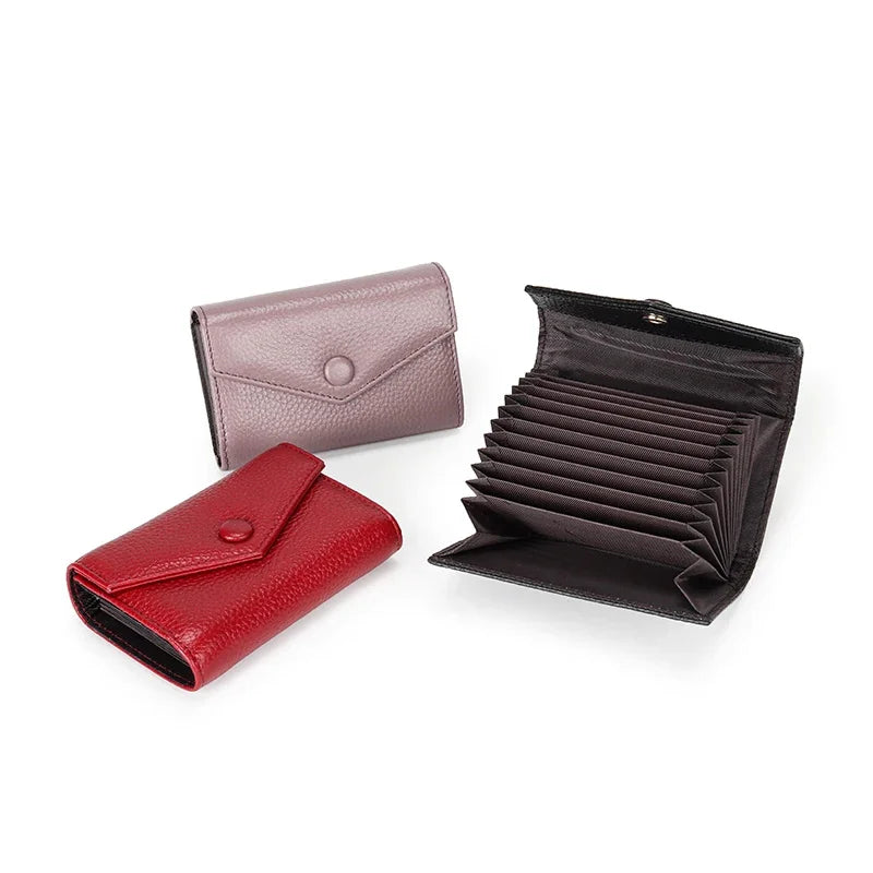 Genuine leather men and women card holder small zipper wallet solid accordion multi-card slot coin purse document bag
