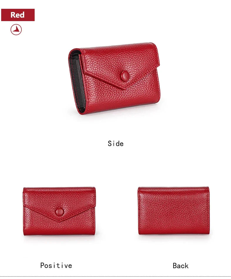 Genuine leather men and women card holder small zipper wallet solid accordion multi-card slot coin purse document bag