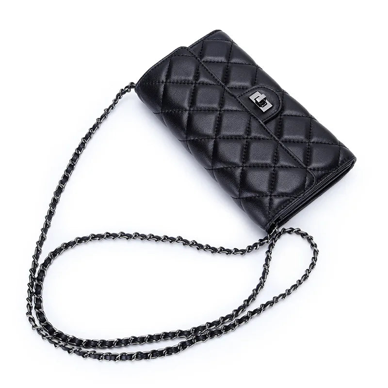 Genuine leather wallet, women's sheepskin handbag, diamond grid chain crossbody small bag
