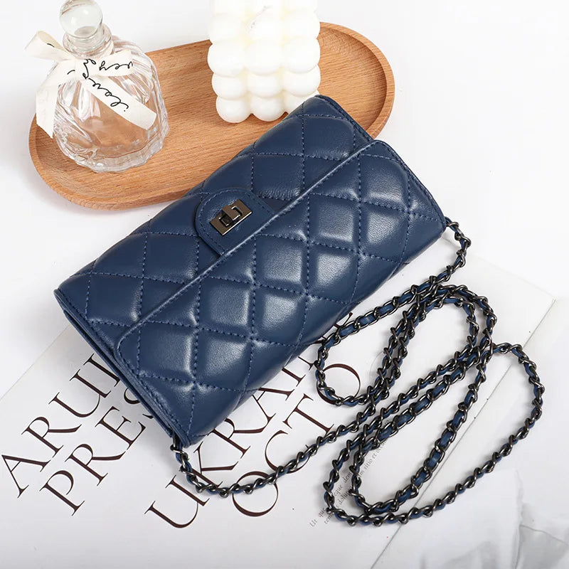 Genuine leather wallet, women's sheepskin handbag, diamond grid chain crossbody small bag