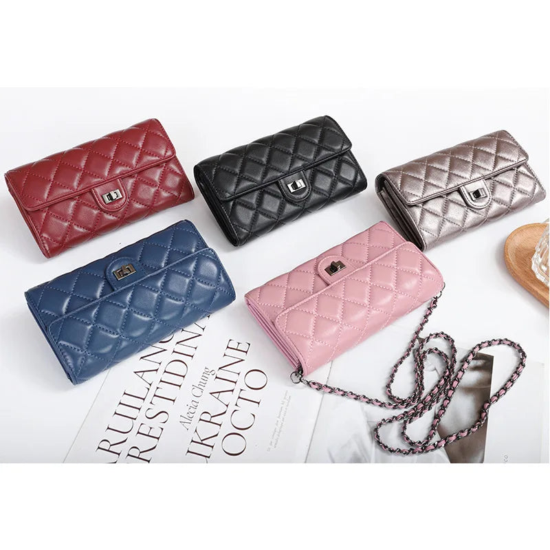 Genuine leather wallet, women's sheepskin handbag, diamond grid chain crossbody small bag