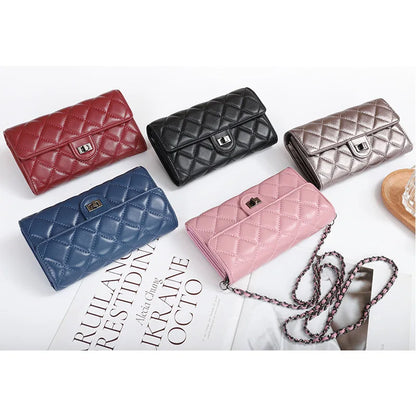Genuine leather wallet, women's sheepskin handbag, diamond grid chain crossbody small bag