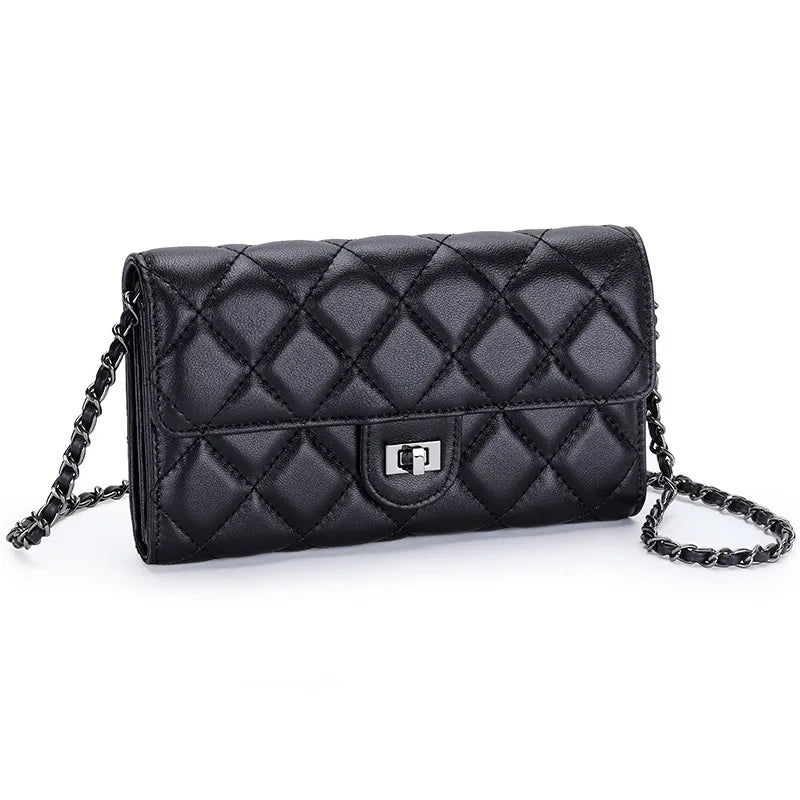 Genuine leather wallet, women's sheepskin handbag, diamond grid chain crossbody small bag