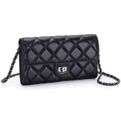 Genuine leather wallet, women's sheepskin handbag, diamond grid chain crossbody small bag