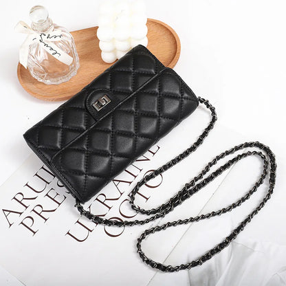 Genuine leather wallet, women's sheepskin handbag, diamond grid chain crossbody small bag
