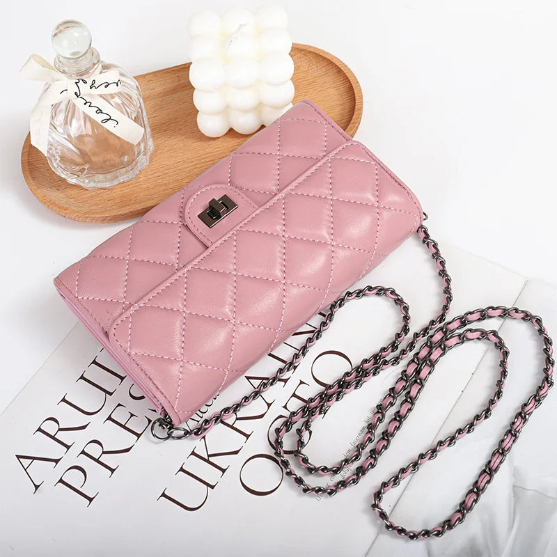 Genuine leather wallet, women's sheepskin handbag, diamond grid chain crossbody small bag