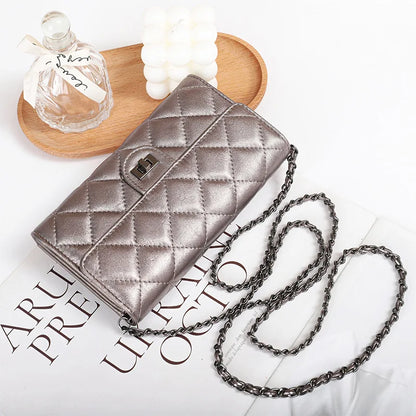 Genuine leather wallet, women's sheepskin handbag, diamond grid chain crossbody small bag