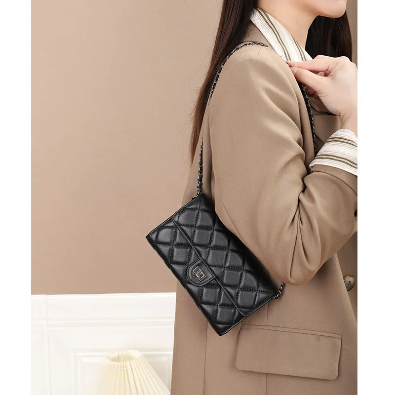 Genuine leather wallet, women's sheepskin handbag, diamond grid chain crossbody small bag