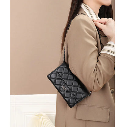 Genuine leather wallet, women's sheepskin handbag, diamond grid chain crossbody small bag