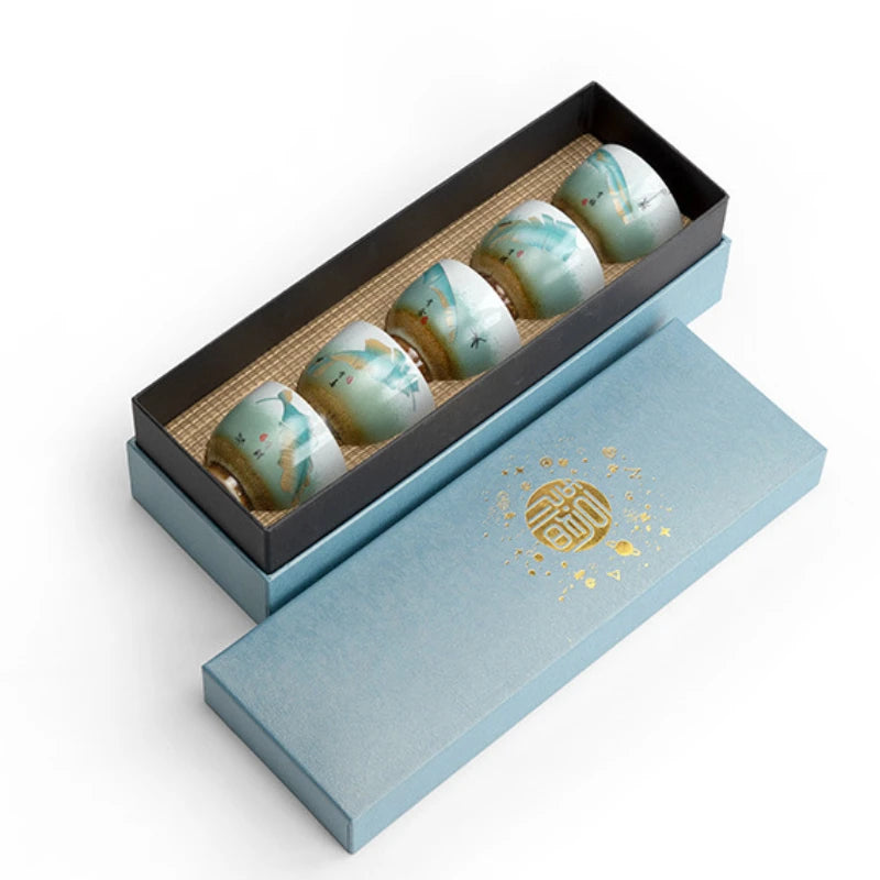 Gift Box Ceramic Tea Cup Kung Fu Teacup Happy Fortune and Five Blessings Stoneware Master Cup Fu Lu Shou Set Teaware Kitchen Bar