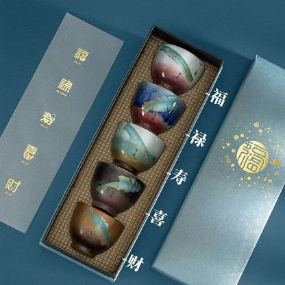 Gift Box Ceramic Tea Cup Kung Fu Teacup Happy Fortune and Five Blessings Stoneware Master Cup Fu Lu Shou Set Teaware Kitchen Bar