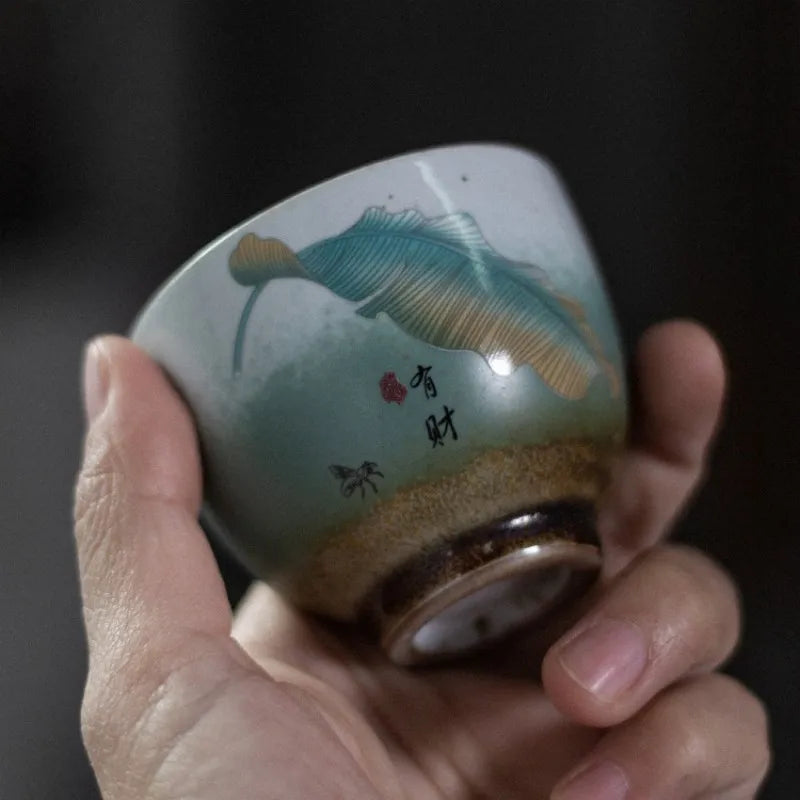 Gift Box Ceramic Tea Cup Kung Fu Teacup Happy Fortune and Five Blessings Stoneware Master Cup Fu Lu Shou Set Teaware Kitchen Bar