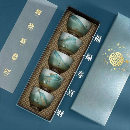 Gift Box Ceramic Tea Cup Kung Fu Teacup Happy Fortune and Five Blessings Stoneware Master Cup Fu Lu Shou Set Teaware Kitchen Bar