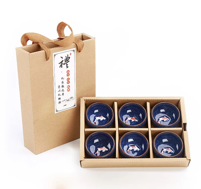 Gift Package 6pcs 3D Golden Fish China tea cup set,Kung Fu Tea Set Crackle Glaze Travel Tea Bowl Chinese Teacup Sets