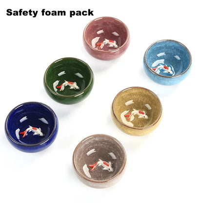 Gift Package 6pcs 3D Golden Fish China tea cup set,Kung Fu Tea Set Crackle Glaze Travel Tea Bowl Chinese Teacup Sets