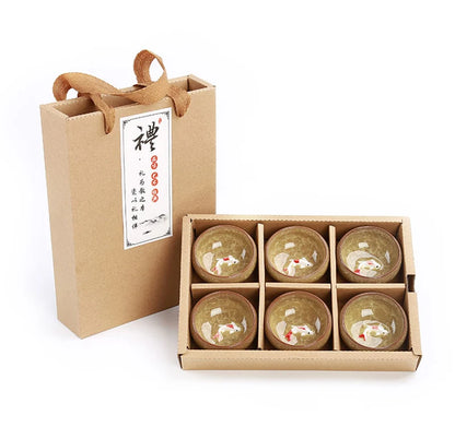 Gift Package 6pcs 3D Golden Fish China tea cup set,Kung Fu Tea Set Crackle Glaze Travel Tea Bowl Chinese Teacup Sets