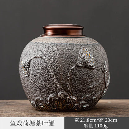 Gilding Japanese Retro Tea Pot Sealed Tank Stoneware Wake up Tea Container Pu'er Tea Packing Box Large Household