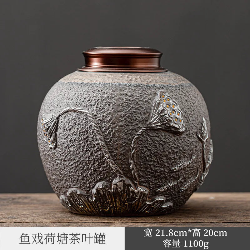 Gilding Japanese Retro Tea Pot Sealed Tank Stoneware Wake up Tea Container Pu'er Tea Packing Box Large Household