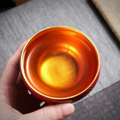 Gilding Wood Leaf Jian Zhan Teacup Tea Cup Single Cup Ceramic Tea Bowl Tea Bowl Master Cup Kung Fu Large