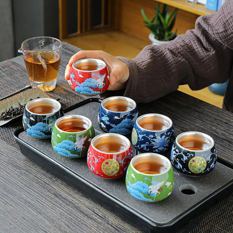 Gilt Silver Tea Cup Ceramic Teacup Enamel Silver Tea Cup Chinese Kung Fu Tea Set Colorful Master Cup Gift Box