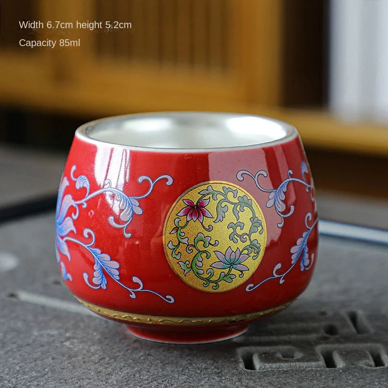 Gilt Silver Tea Cup Ceramic Teacup Enamel Silver Tea Cup Chinese Kung Fu Tea Set Colorful Master Cup Gift Box