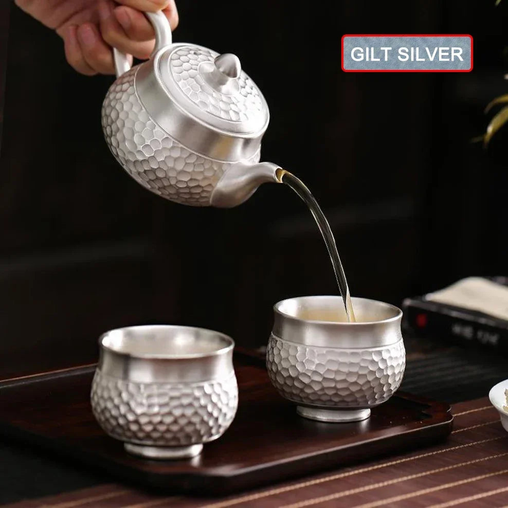 Gilt Silver Teapot Handmade Hammered Filter Ceramic Teapot 200ML Silver-Clad Porcelain Make Tea Pot Home Tea Set
