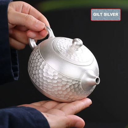 Gilt Silver Teapot Handmade Hammered Filter Ceramic Teapot 200ML Silver-Clad Porcelain Make Tea Pot Home Tea Set