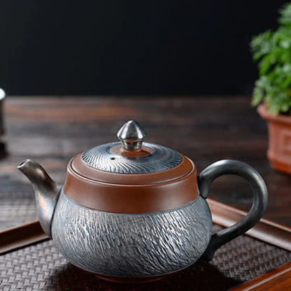 Gilt Silver Teapot Handmade Hammered Filter Ceramic Teapot 200ML Silver-Clad Porcelain Make Tea Pot Home Tea Set