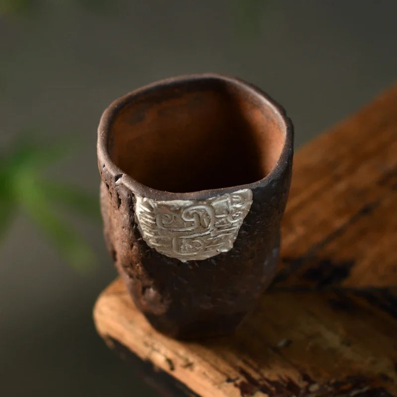 Gilt Silver Totem Master Cup Vintage Rough Pottery Tea Cup Kung Fu Tea Cup Handmade Ceramic Tea Set Single