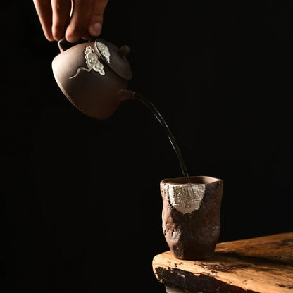 Gilt Silver Totem Master Cup Vintage Rough Pottery Tea Cup Kung Fu Tea Cup Handmade Ceramic Tea Set Single