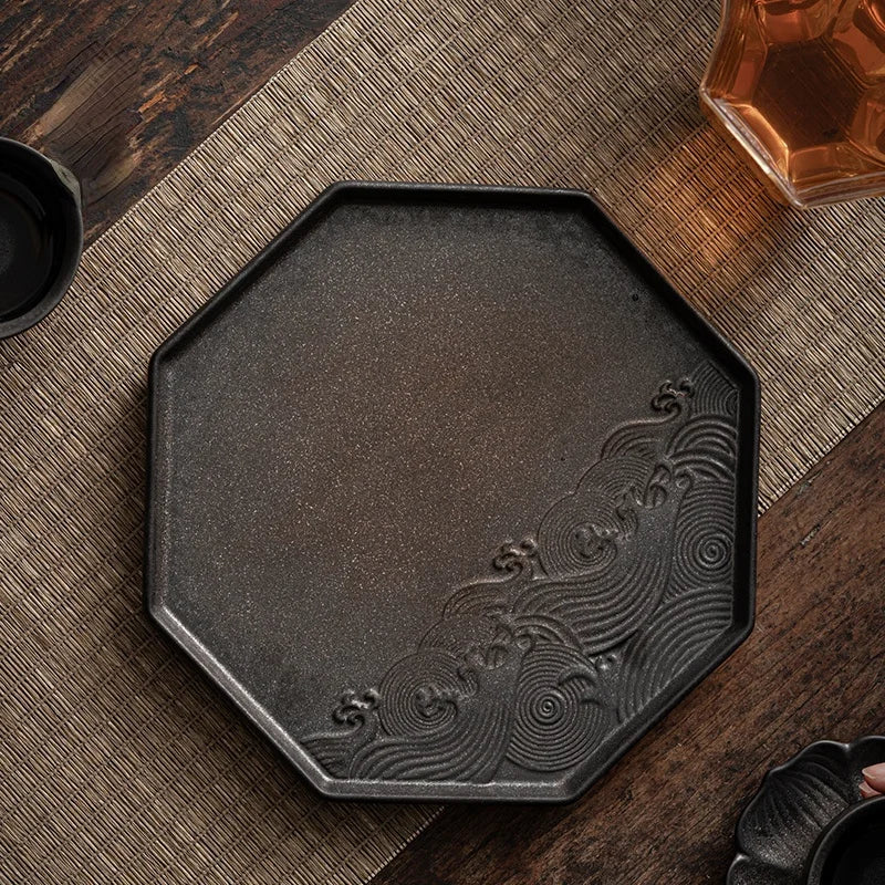 Gilt Stoneware Pot Tray Japanese Dry Tea Tray Retro Zen Ceramic Accessories Coffee Tray Antique Pot Holder Mat