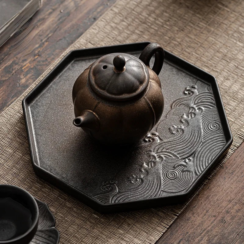 Gilt Stoneware Pot Tray Japanese Dry Tea Tray Retro Zen Ceramic Accessories Coffee Tray Antique Pot Holder Mat