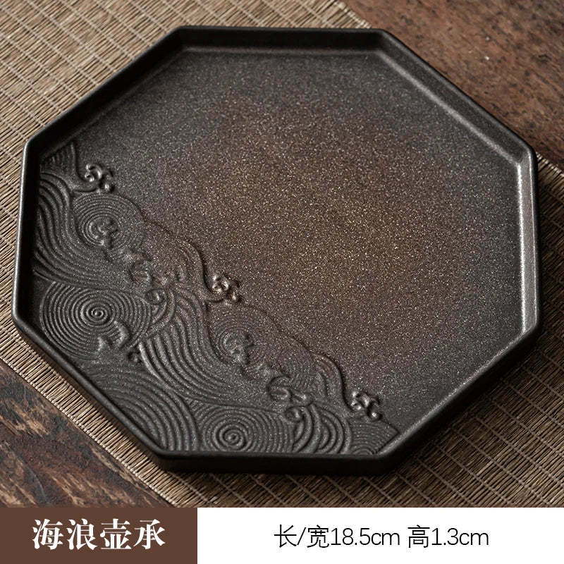 Gilt Stoneware Pot Tray Japanese Dry Tea Tray Retro Zen Ceramic Accessories Coffee Tray Antique Pot Holder Mat