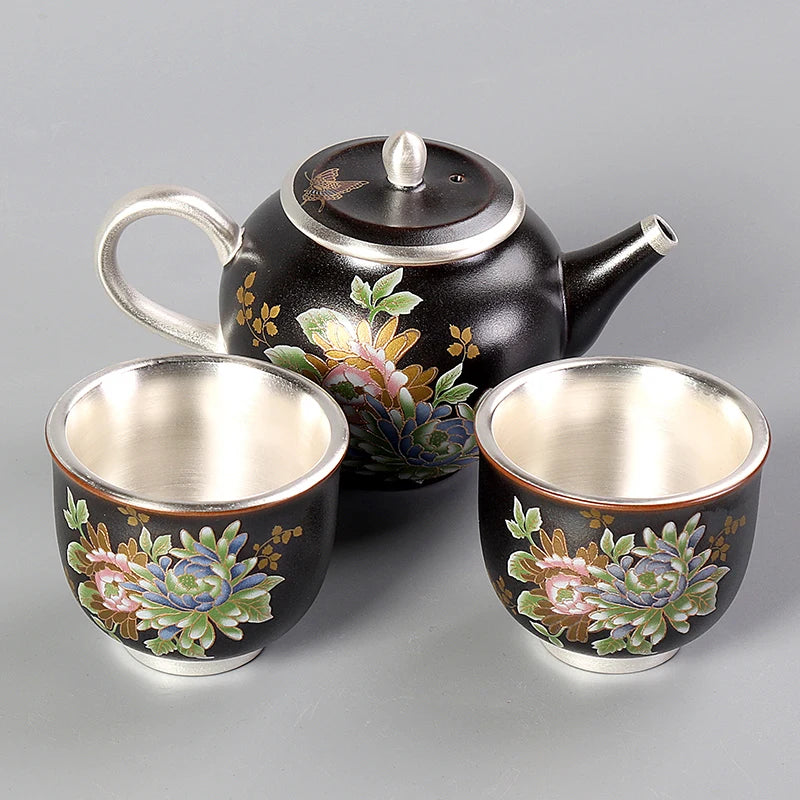 Gilt silver quick guest cup, one pot, two cups, 2 people ceramic Kung Fu Japanese office portable travel tea set