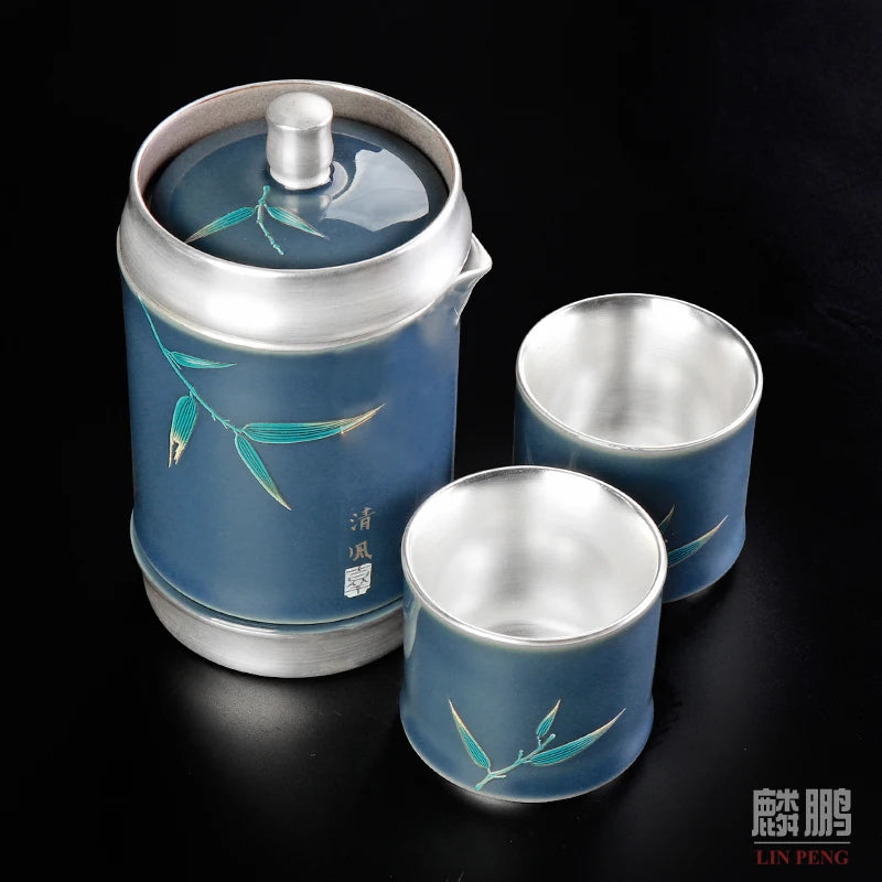 Gilt silver quick guest cup, one pot, two cups, 2 people ceramic Kung Fu Japanese office portable travel tea set