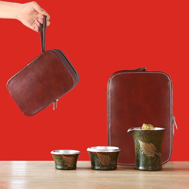 Gilt silver quick guest cup, one pot, two cups, 2 people ceramic Kung Fu Japanese office portable travel tea set