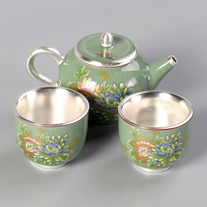 Gilt silver quick guest cup, one pot, two cups, 2 people ceramic Kung Fu Japanese office portable travel tea set