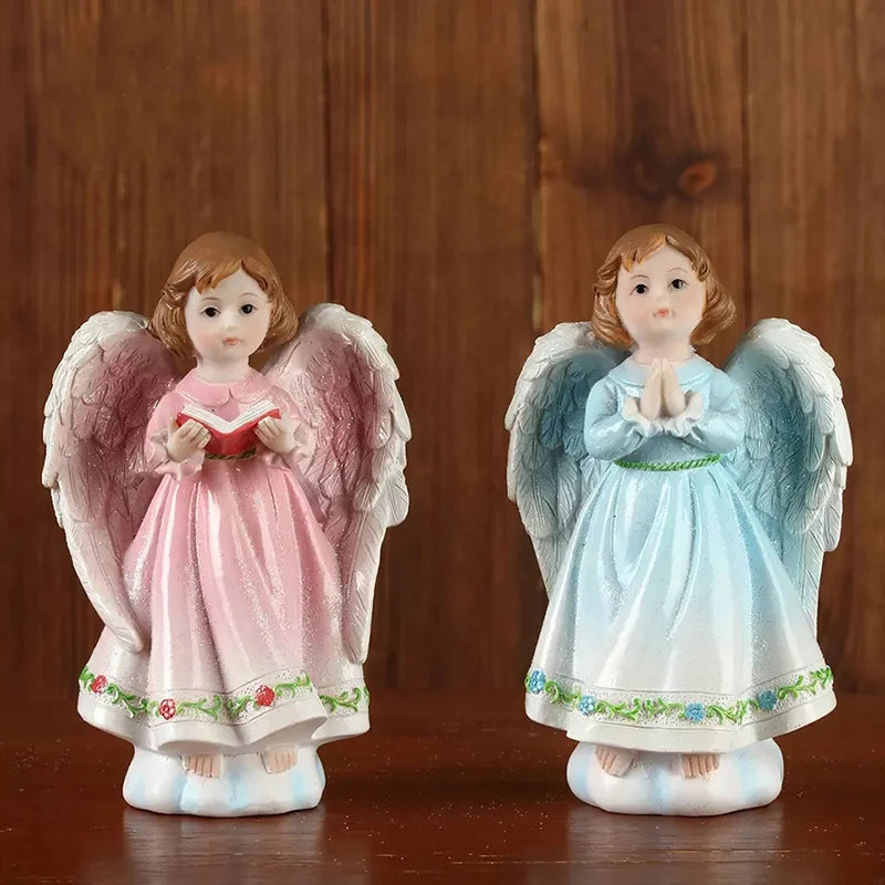 Girl Angel Statues Sculpture Decoration Pink Blue Figurines Religious Gift Desktop Cute European Retro Praying Reading Book